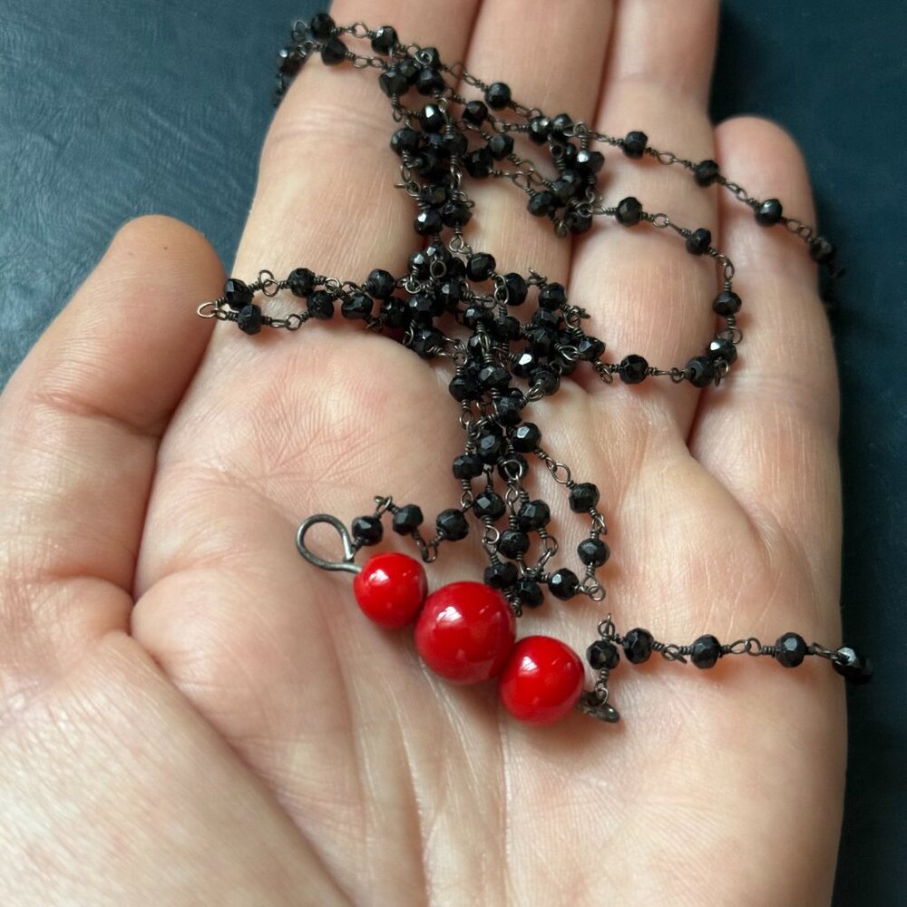 Long barrel statement red coral and black crystals necklace